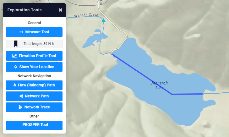 Screen capture of the Measure Tool and results from the StreamStats interface.