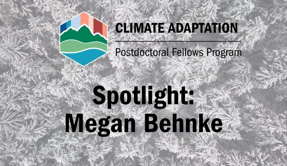 Looking down on snow-covered pine trees. Text reads: Climate Adaptation Postdoctoral Fellows Program, Spotlight: Megan Behnke