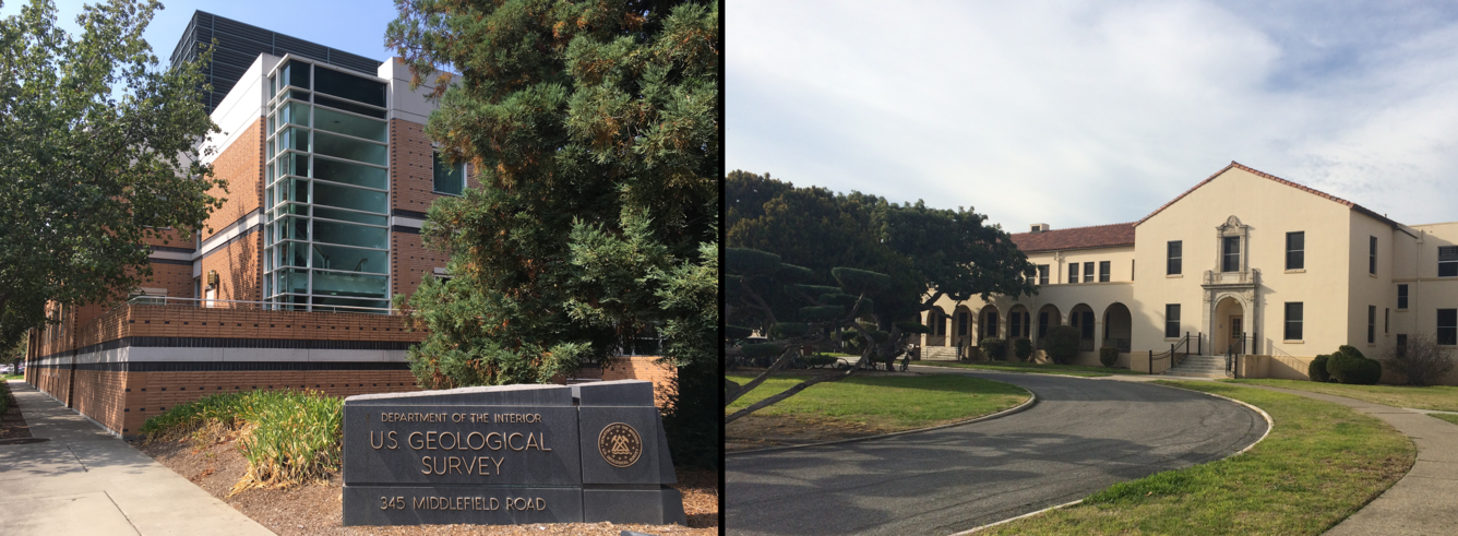 Side-by-side photos; left side shows a red brick building with glass windows and a black-and-gold sign reading "United States Geological Survey"; the right side shows a 1930s stucco building with several wings and trees at the front door