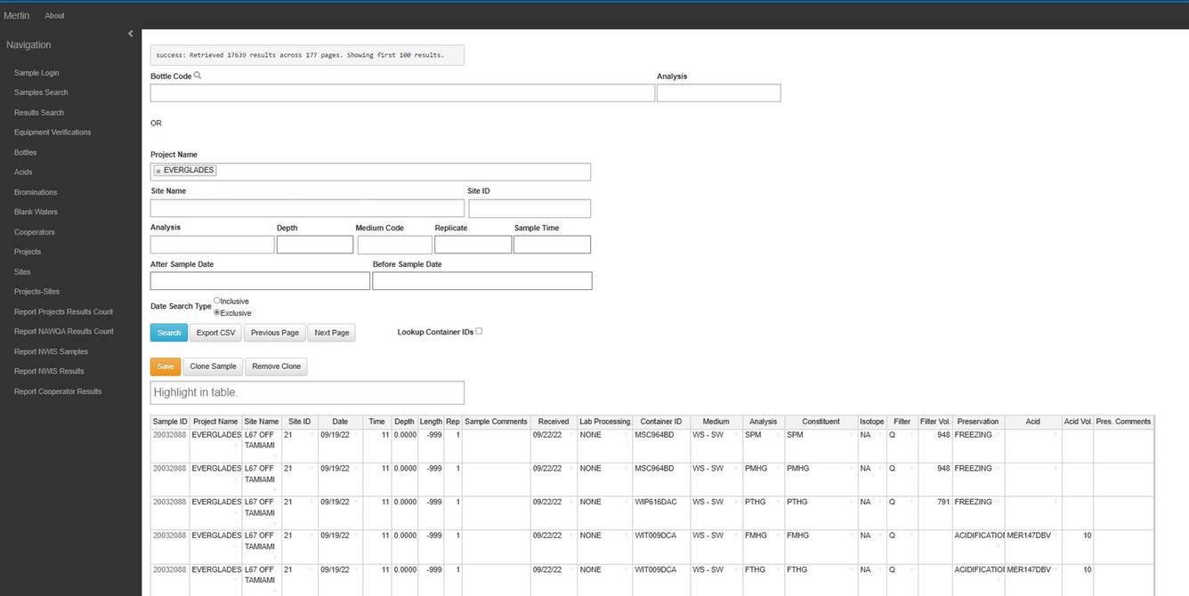 Screenshot of Laboratory Information Management System (LIMS) MERLIN