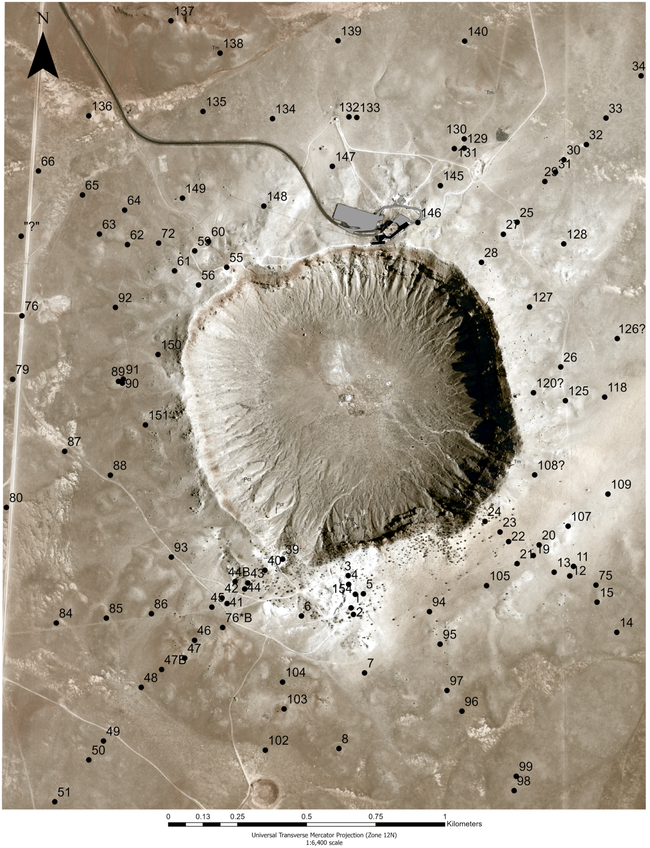 Plan view of Meteor Crater. Drill hole locations denoted by black dots and labeled with their respective drill hole numbers. 
