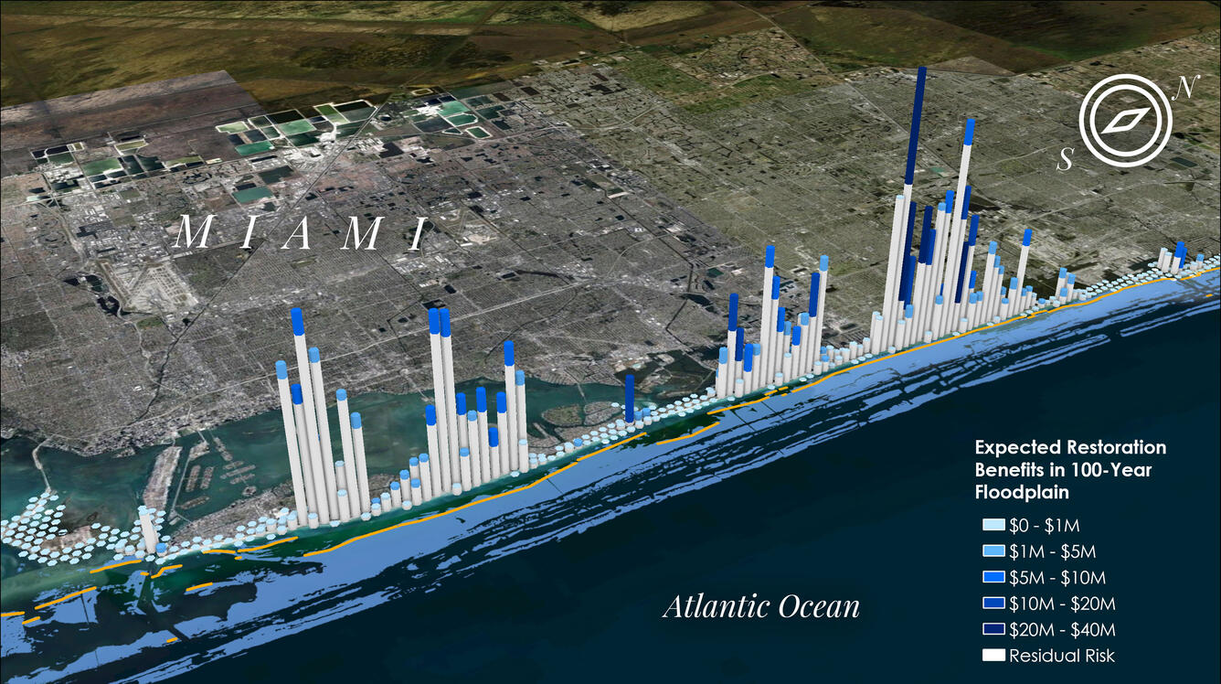 A map of a coastline with vertical bars plotted along the coast to show amount of risk reduction provided by reef restoration.