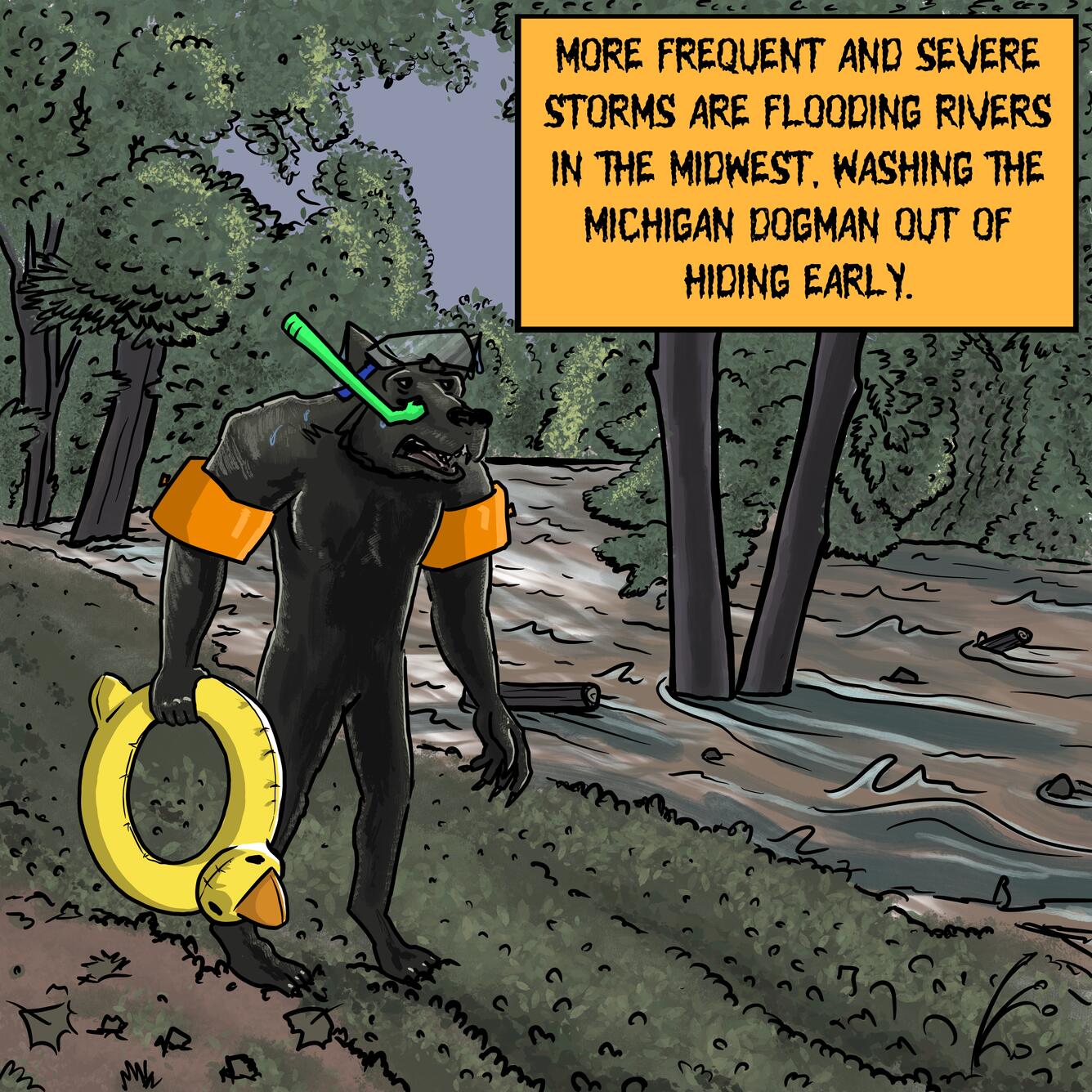 A wolf-like creature stands on two legs holding a yellow duck floating ring wearing a snorkel stands next to a flooded river.