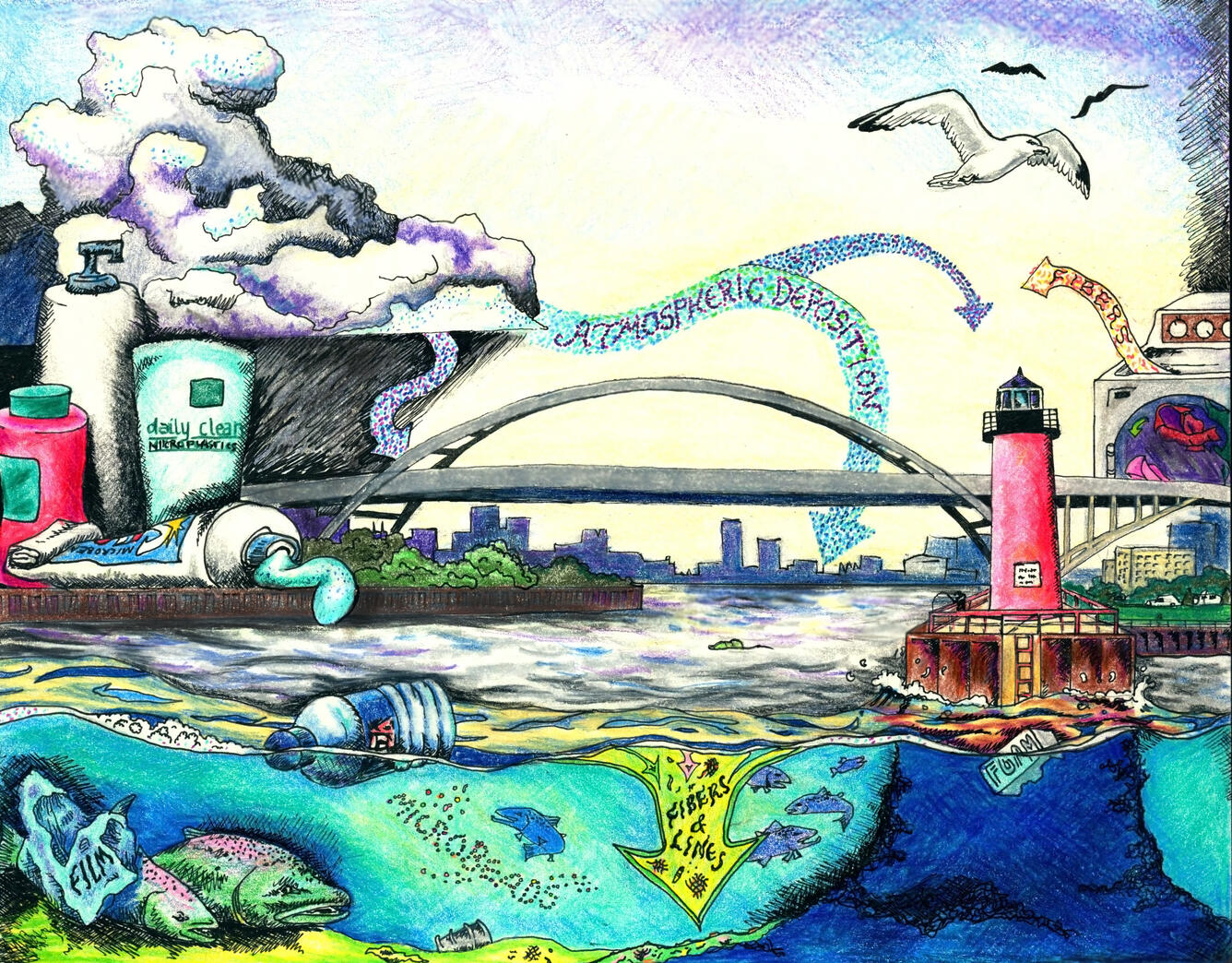 Drawing depicts the different types of plastics and the amorphous means by which they enter the Great Lakes environment