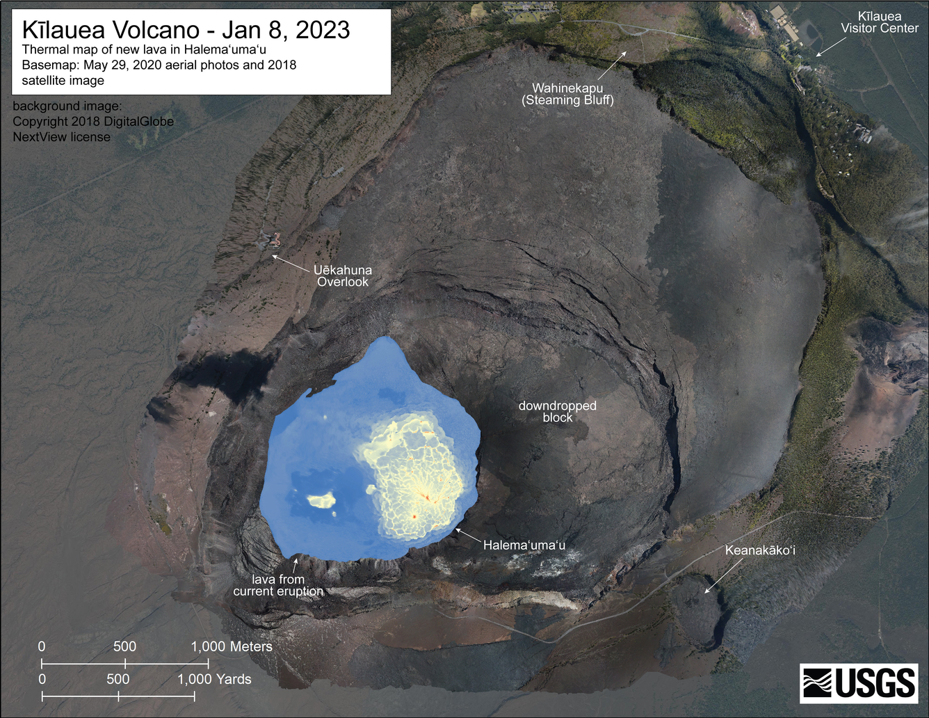 Color map showing temperatures of crater floor in eruption