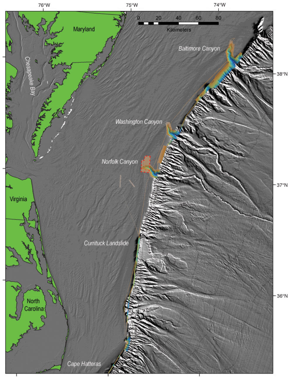 Detailed map of an area of the seafloor with labels to show underwater canyons.