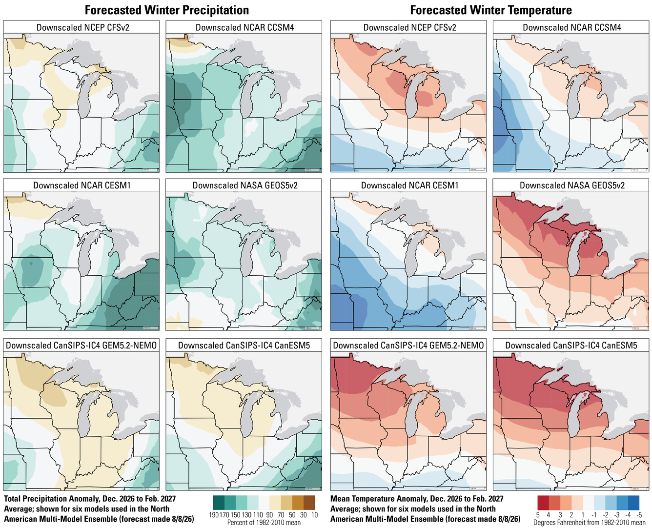 6 precipitation and 6 temperature forecast maps of the Midwest