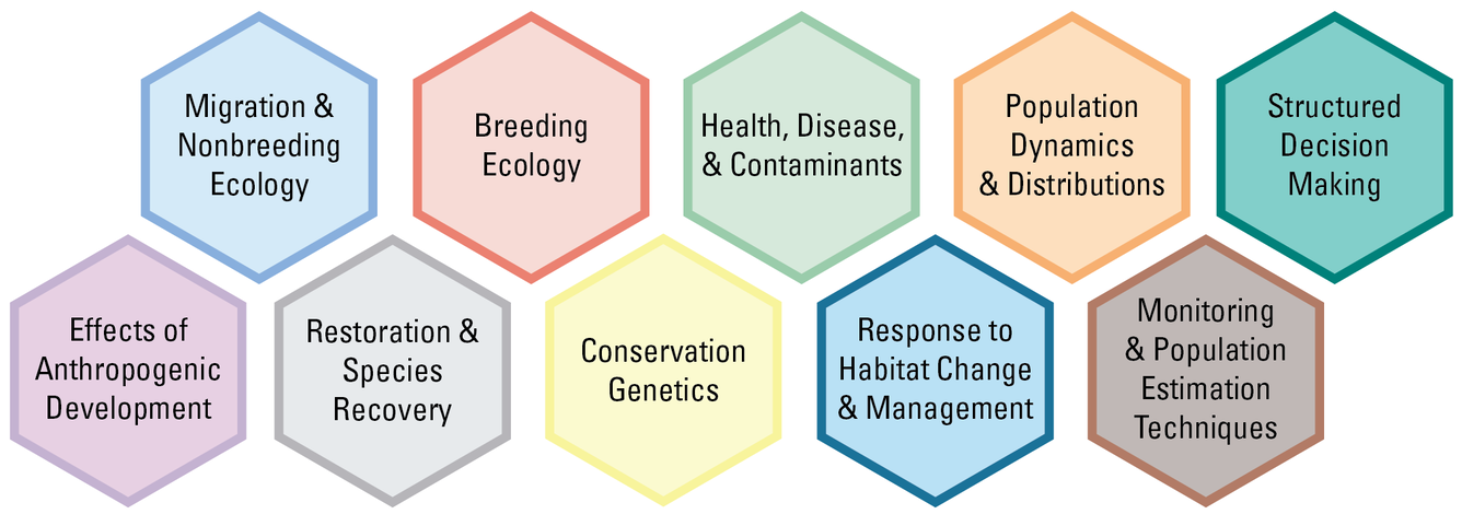 9 hexagons describing USGS migratory bird research themes. See description for more details.