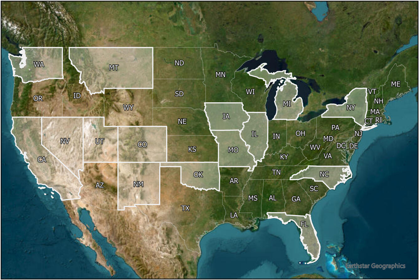 Map of the United States highlighting states with mine waste characterization cooperative agreements with the USGS.