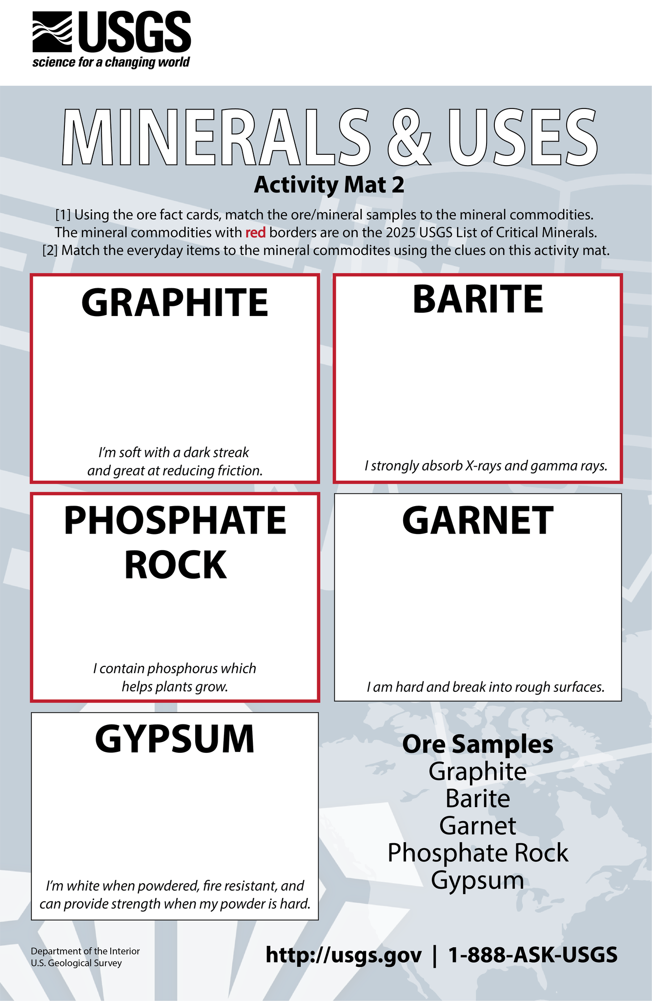Activity mat 2 for the Mineral and Uses activity.