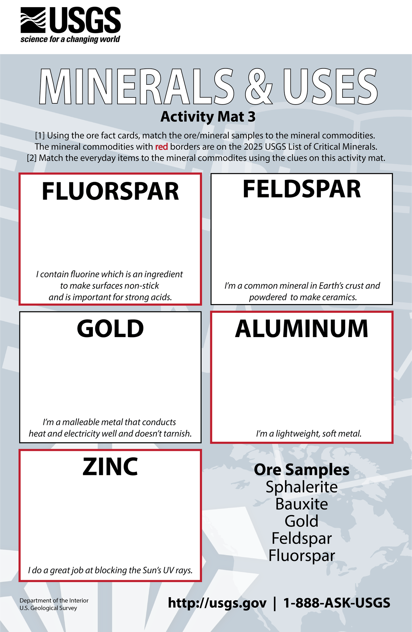 Activity mat 3 for the Mineral and Uses activity.
