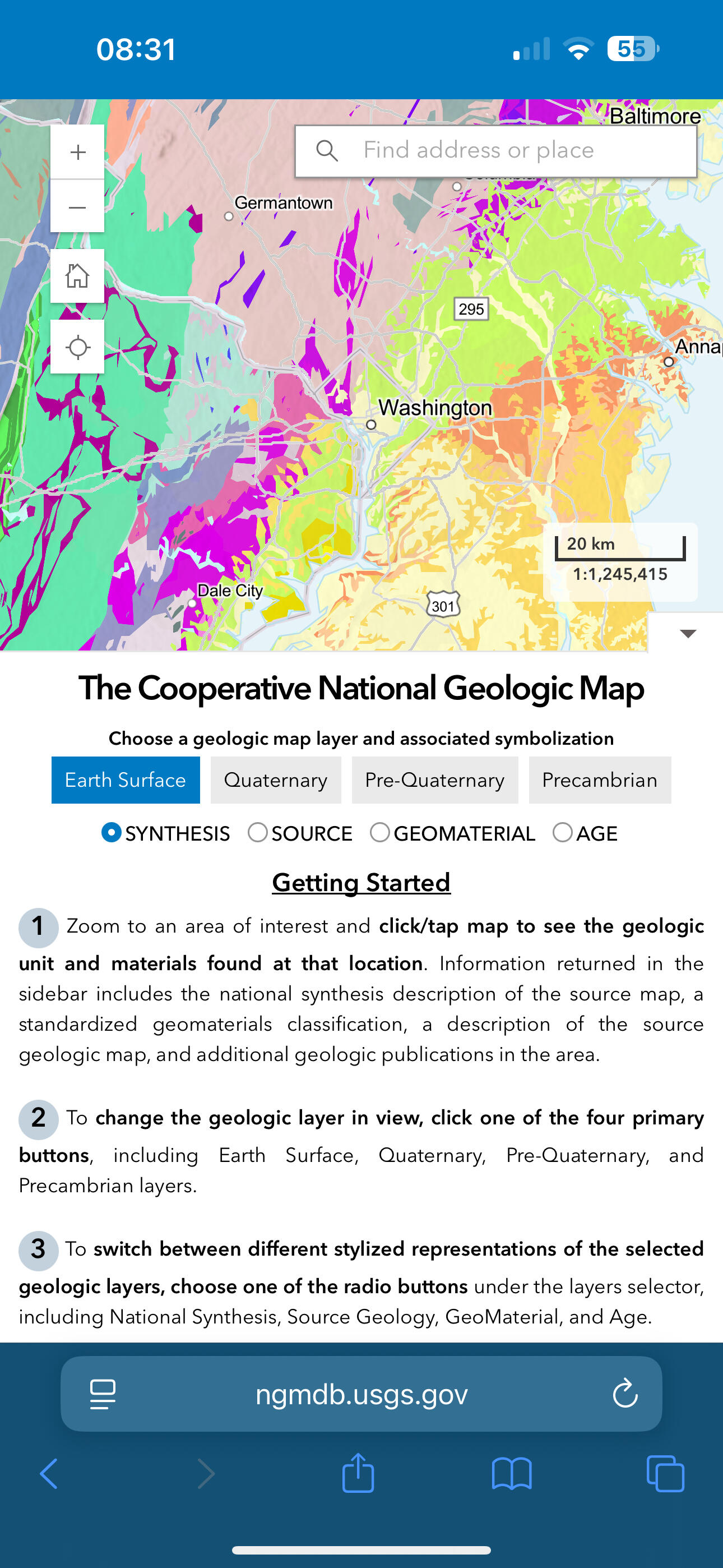 A smartphone screenshot of the new USGS Cooperative National Geologic Map web tool showing its mobile friendly