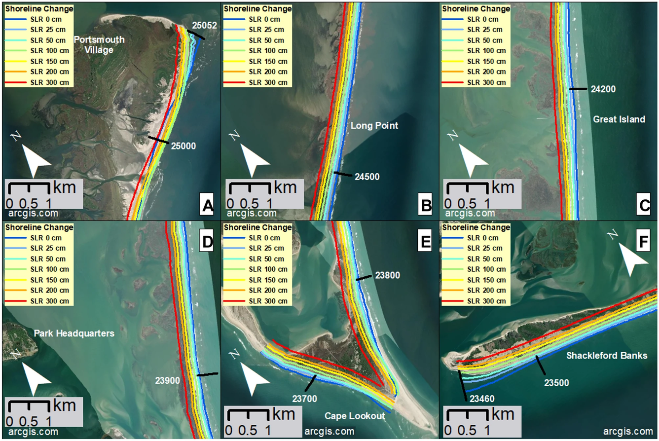 Six figures showing modeled shoreline change projections at Cape Lookout National Seashore