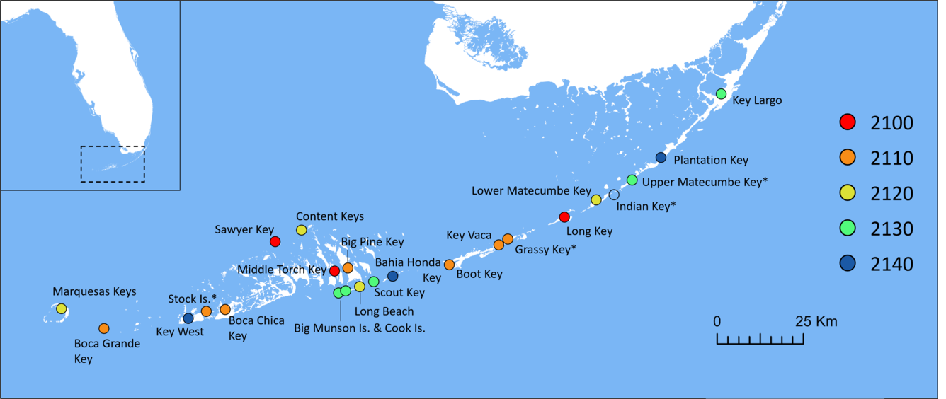 The decade at which >90% of suitable habitat for the Florida Keys mole skink is predicted to be inundated from sea level rise
