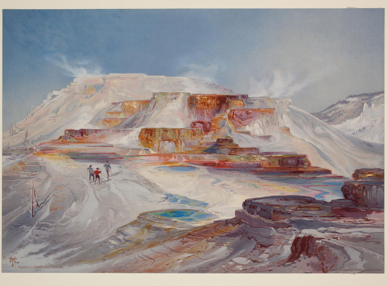 painting showing blues, reds, and yellows coloring a hot spring terrace formation that is batten of vegetation