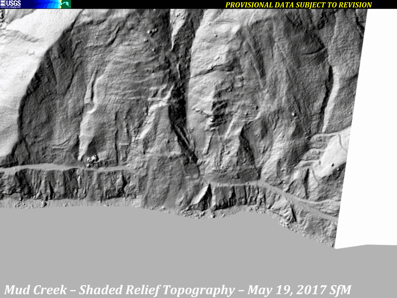 A series of images from various sources of shaded-relief topography show the progression of the Mud Creek landslide area.