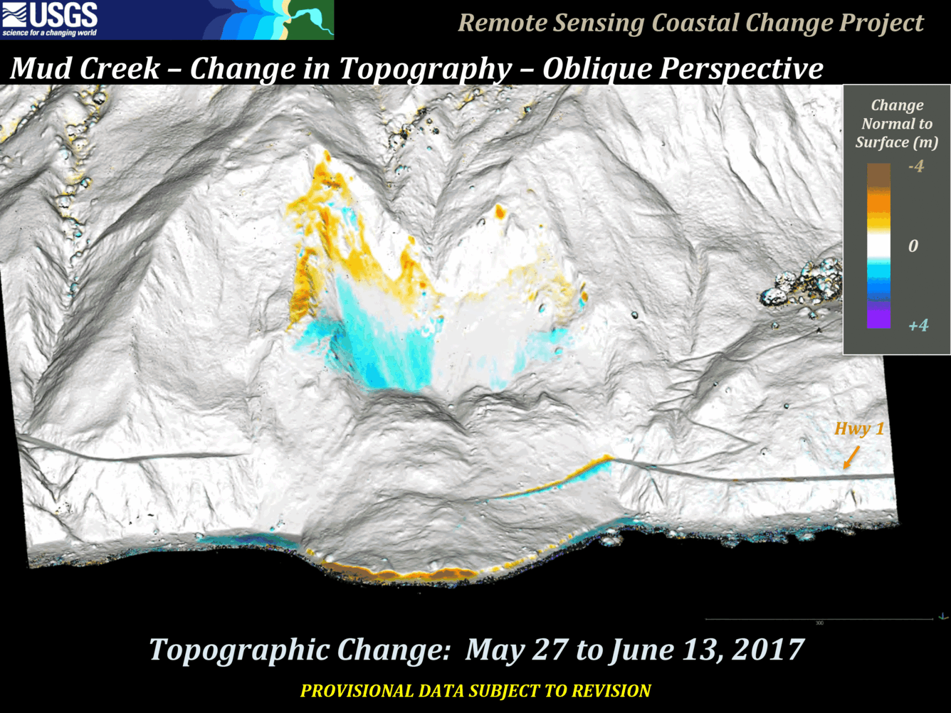 A series of images showing a steep cliff along the coast from two different dates and the change between them.