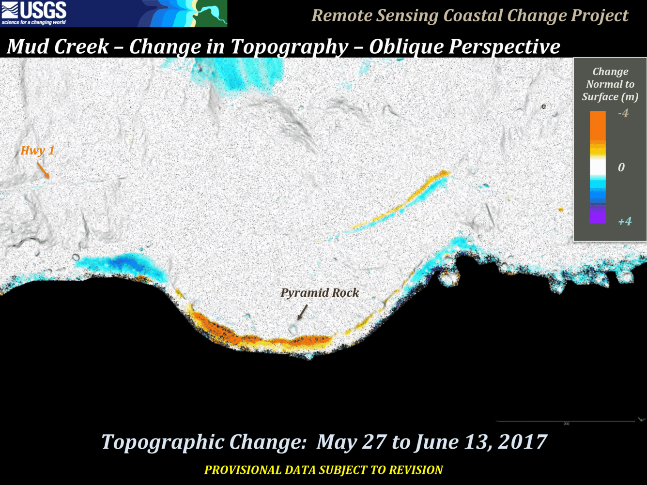 A series of images showing a steep cliff along the coast from two different dates and the change between them.