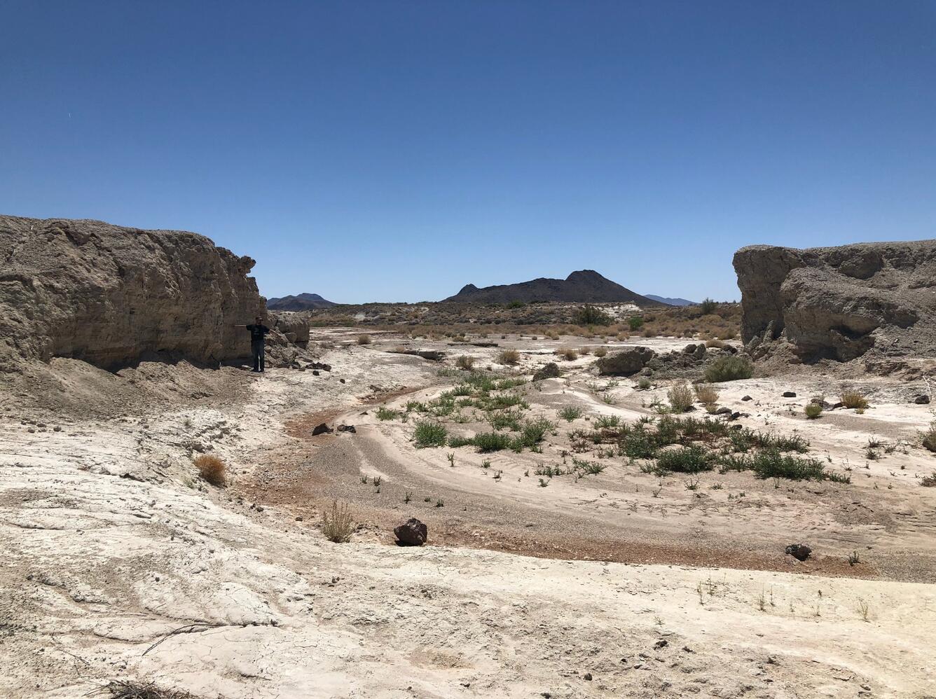 Dry desert landscape with rocky cliffs and sparse vegetation under a clear blue sky.
