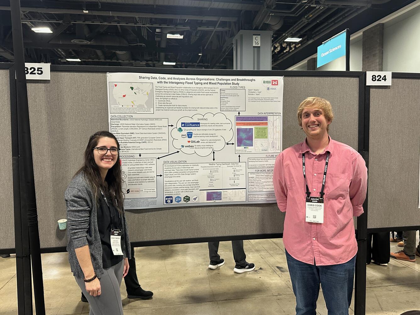 A woman and man stand next to a poster with scientific information on it.