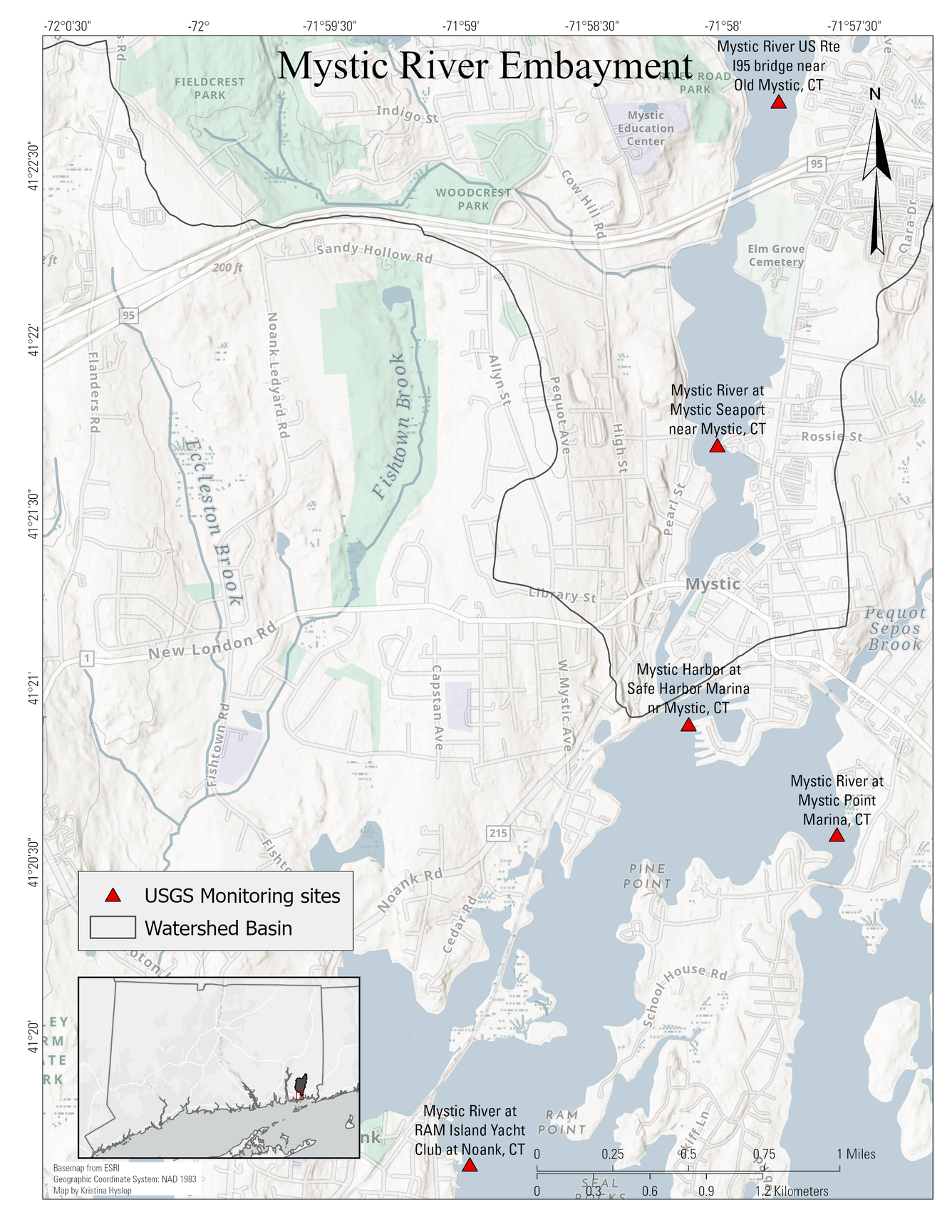 Map of Mystic River in Connecticut at Long Island Sound