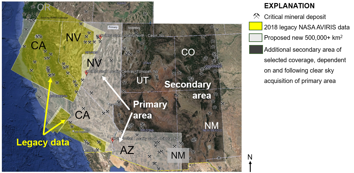Image shows a map of the southwestern United States with the areas of surveying marked