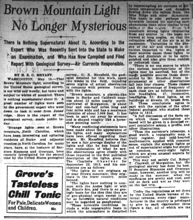 Clipping from the North Carolina Observer. Headline reads: Brown Mountain Light No Longer Mysterious