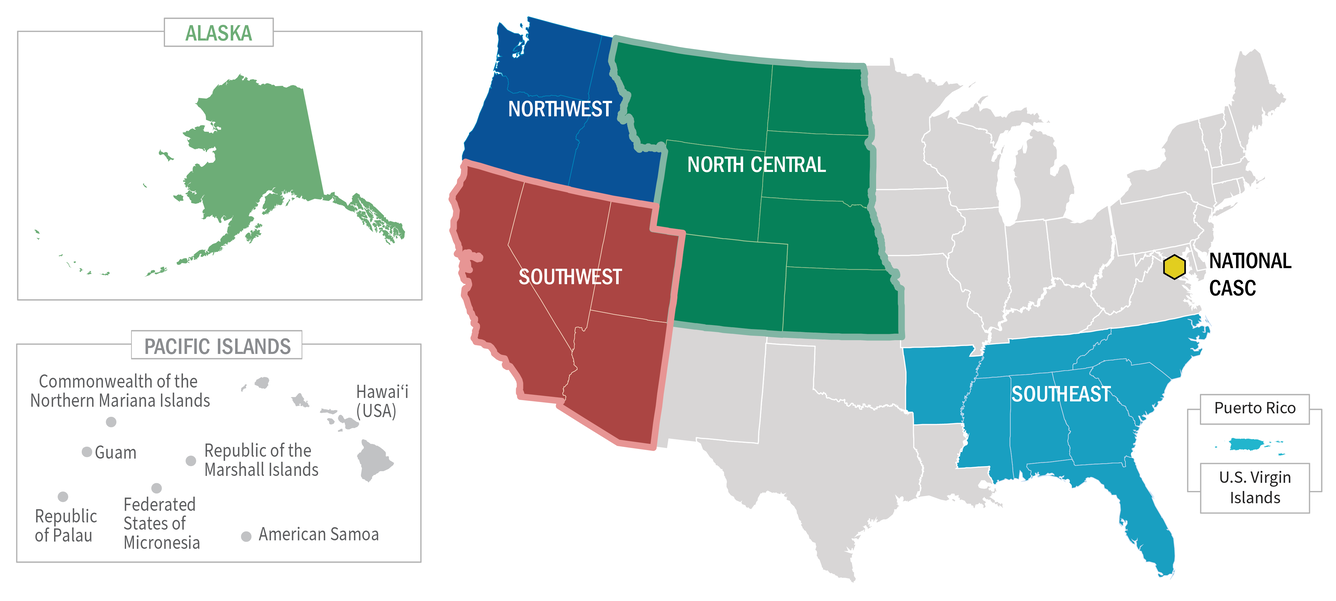 Map of the U.S. showing Alaska, the NW, SW, NC, and SE CASCs highlighted.