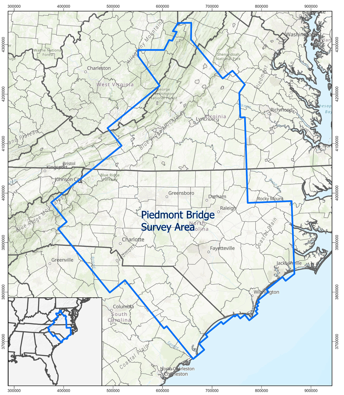Blue outline shows irregular area over Virginia, West Virginia and the Carolinas where Earth MRI Survey will resume.