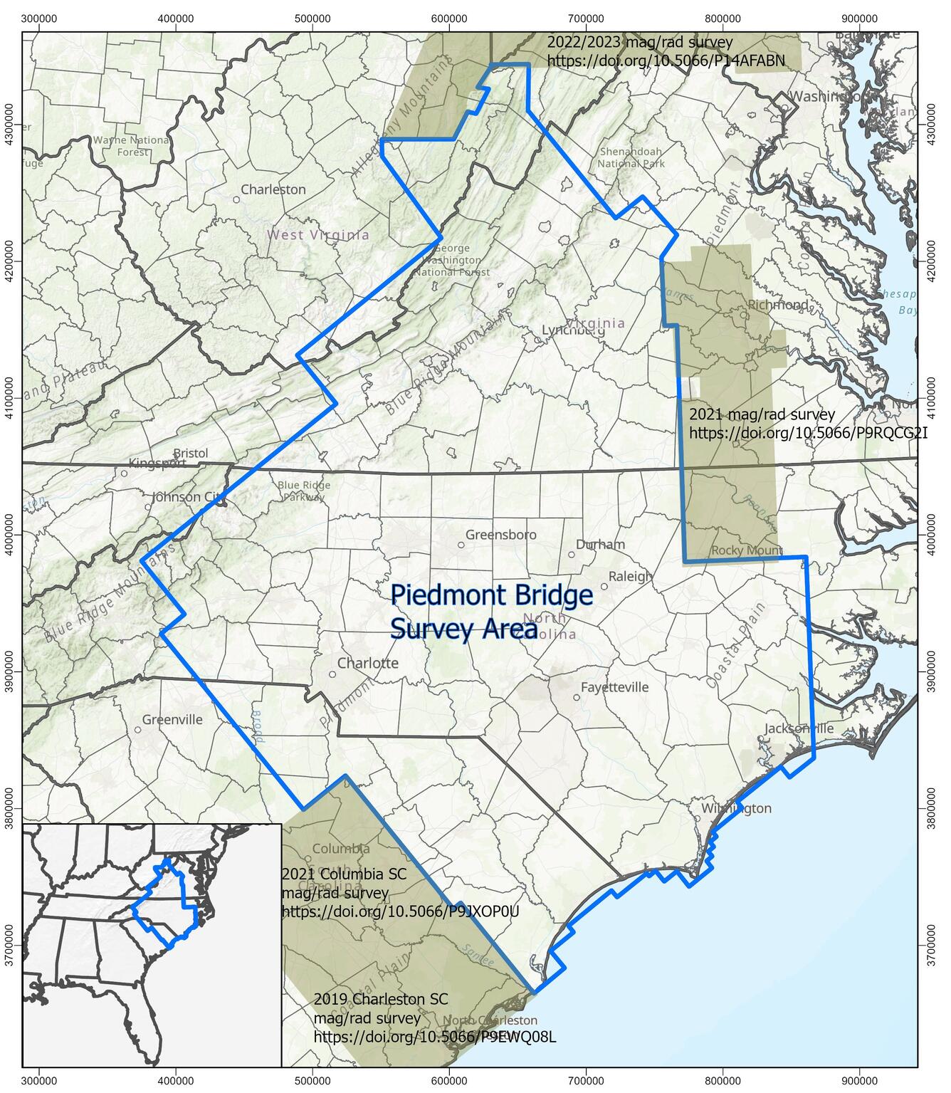 Blue irregular outline shows lEarth MRI Piedmont Bridge survey of parts of Virginia, West Virginia and the Carolinas.