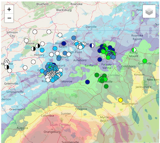 North Carolina Cumulative Rainfall Map with National Weather Service Radar Overlay