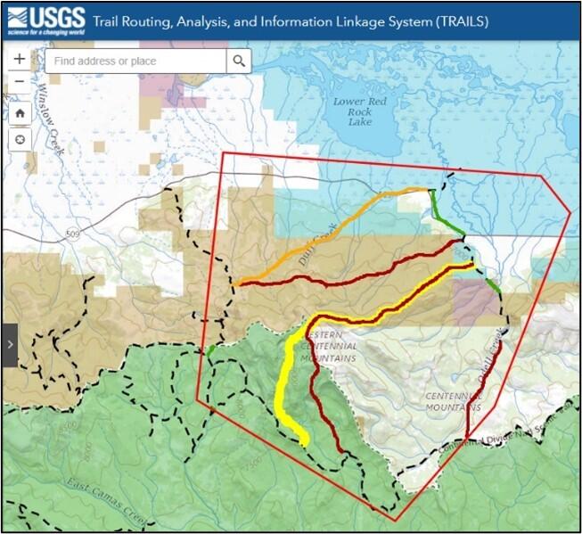 Screenshot of sample project results and study area found in the TRAILS app. (full description below)