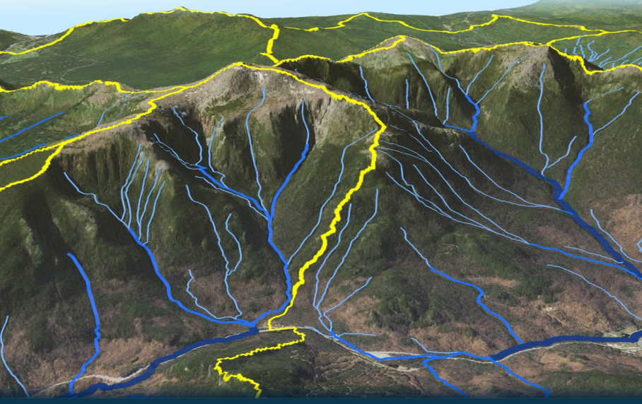 A drawing of a mountain range with yellow and blue lines cascading down.