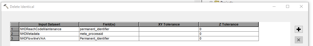 NHD State Product Step 8: Run the Delete Identical tool on the following NHD tables and fields