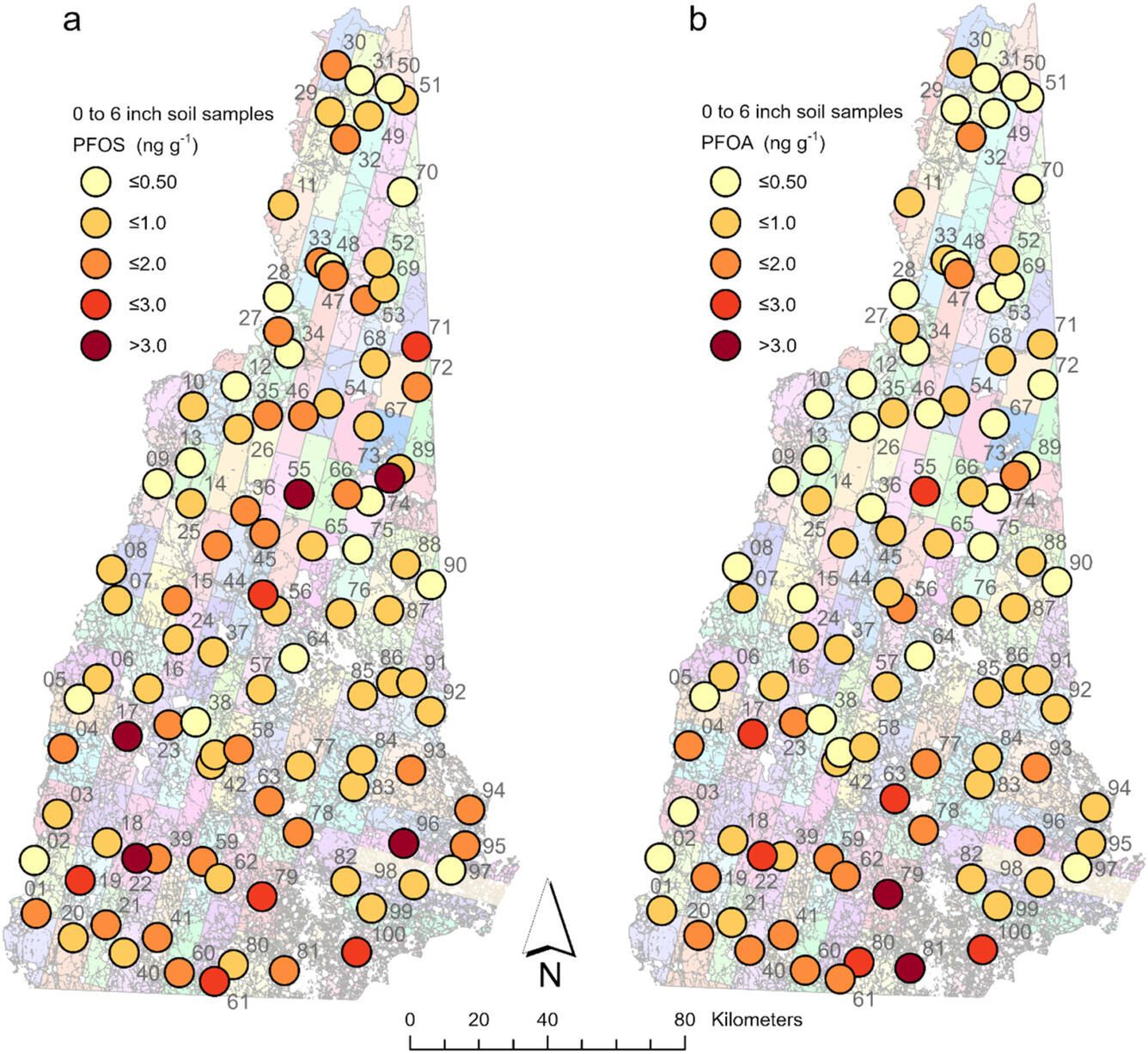 A map of New Hampshire with different color circles indicating the amount of PFOS in a soil sample.
