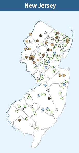 Map of New Jersey with markers showing surface water monitoring site locations