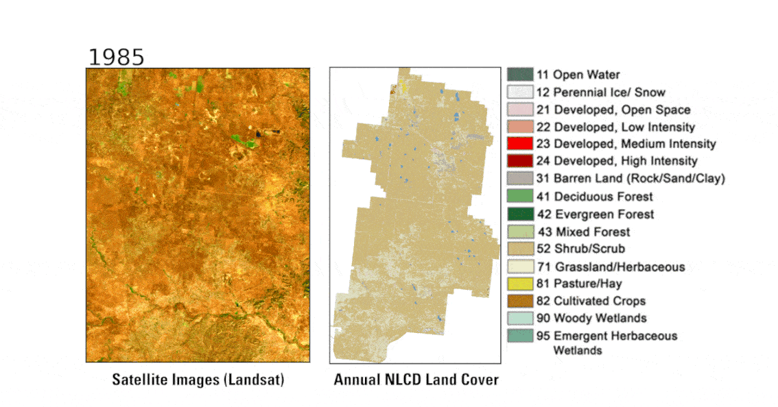 Animations side by side, one showing land and one showing representative colors of land cover types