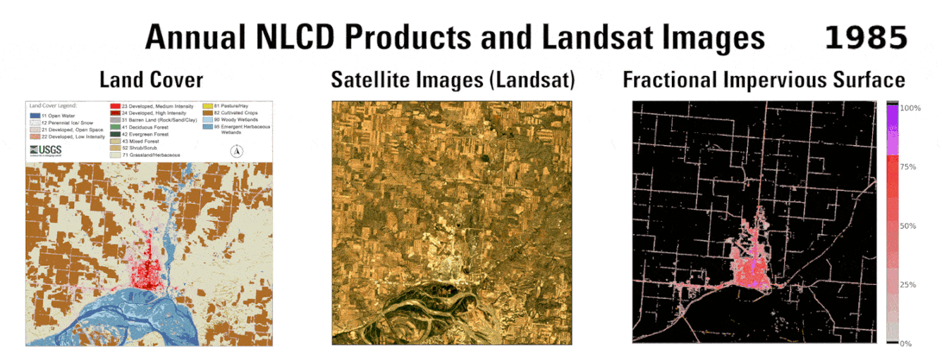 Three animations showing a city's change over 40 years, side by side with a title above