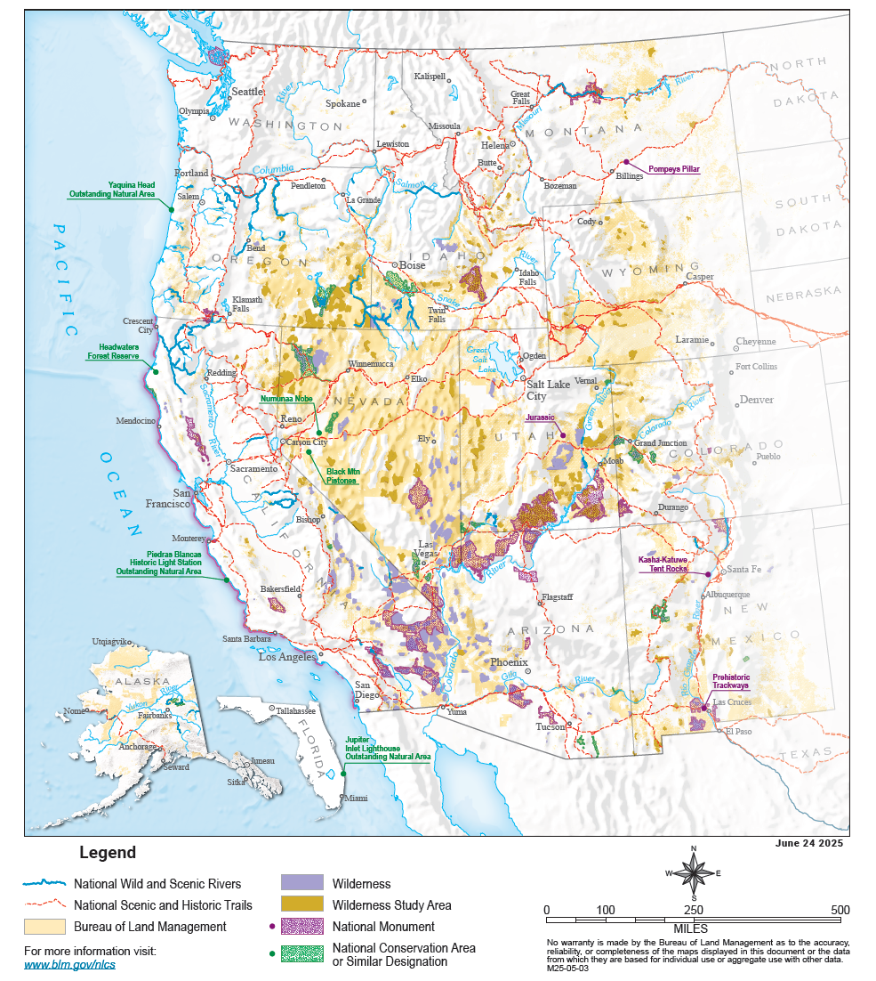 western united states, with cutouts of Alaska and Florida, showing areas managed by the BLM with a legend and compass below