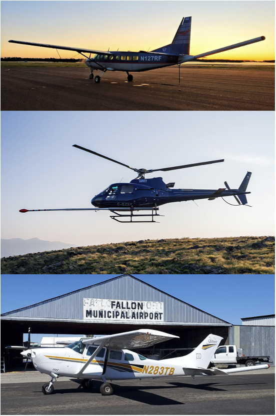 Three survey aircraft—a small plane, a helicopter, and another fixed‑wing plane—each equipped with a sensor stinger.