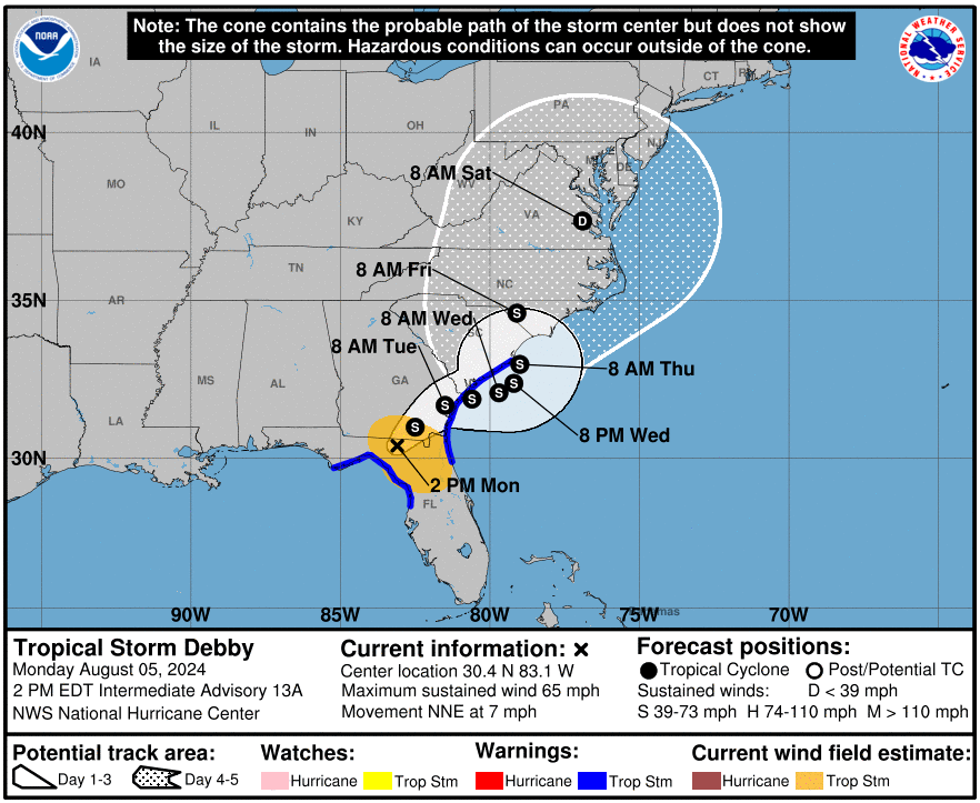 Hurricane Debby Projected Path
