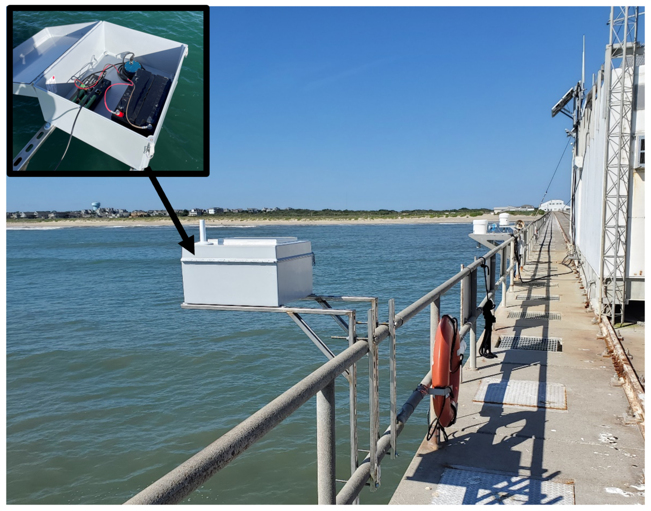 The photo shows a water-tight box attached to the railing of a pier with specially designed L-shaped brackets.