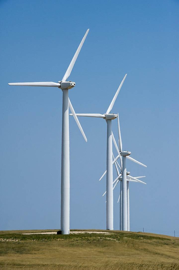 Several wind turbines along a grassy stretch of land under a clear blue sky 