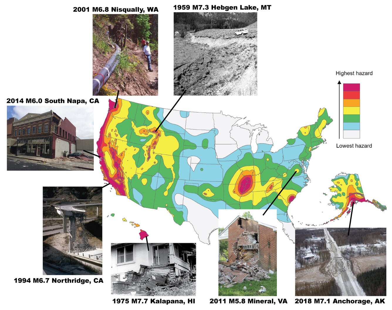 map of U.S. with rainbow colors and photos of damage pointing to different locations