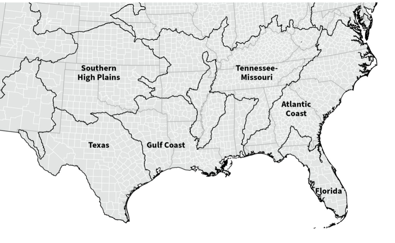 Map of Southeastern U.S. broken down into NWAAS regions.