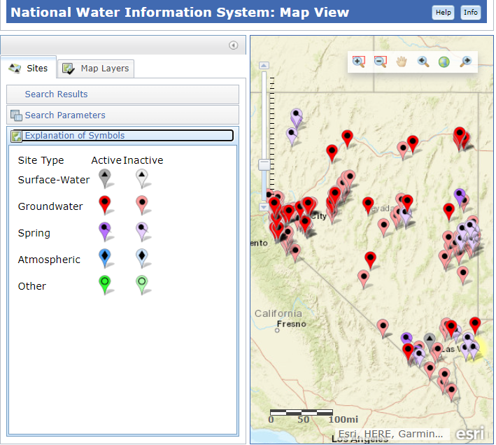 Screenshot of the NWIS Mapper showing location of sites