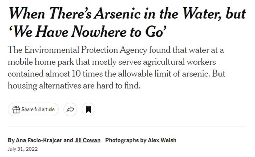 Screenshot of New York Times headline reading: "When There's Arsenic in the Water, but 'We Have Nowhere to Go'"