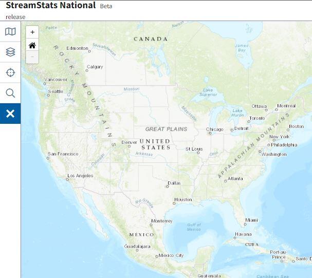 Screen capture of the National StreamStats Beta Application
