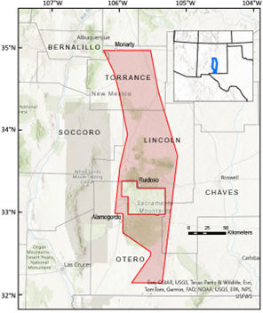 presentation of a survey A shaded red area is overlayed on a map of New Mexico, outlining the design of an Earth MRI survey footprint.
