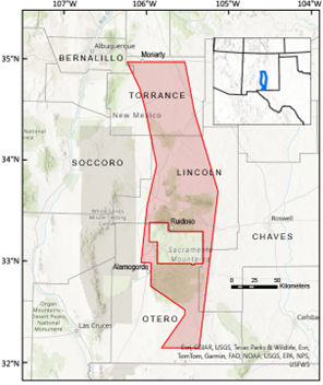 A shaded red area is overlayed on a map of New Mexico, outlining the design of an Earth MRI survey footprint.